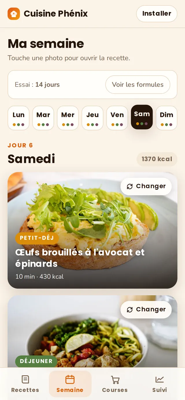 L'écran Ma semaine de Cuisine Phénix